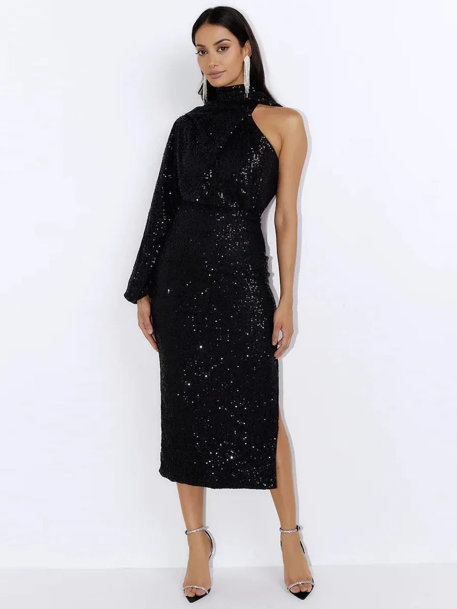 Dancing Diva One-Shoulder Sequin Side Slit Midi Dress