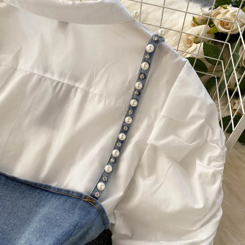 Pearl-fect Shirt and Denim Cropped Vest Set