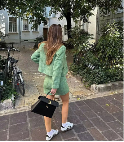 Vintage Tweed Lover Green Jacket and Skirt Set