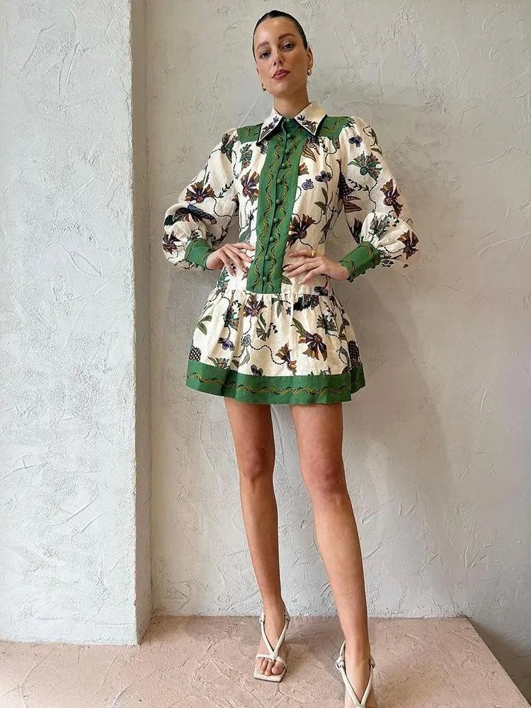 Zahara White and Green Floral Print Buttoned Mini Dress