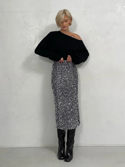 Sparkling Sequins Side Slit Midi Skirt