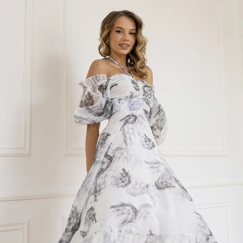 Soft Abstract Floral Print Off Shoulder Midi Dress