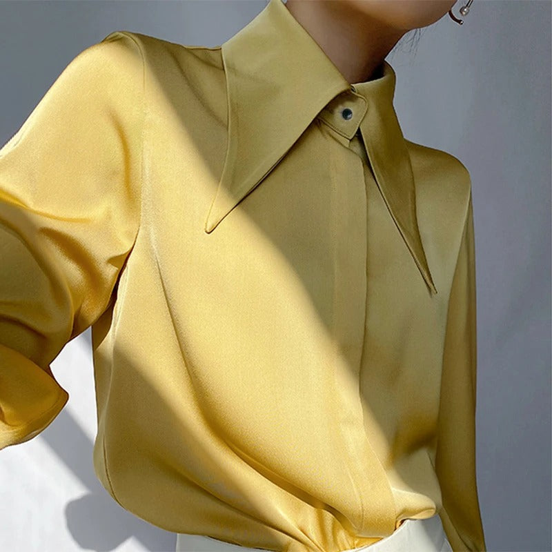 Polished Excellence Satin Collared Long Sleeve Top