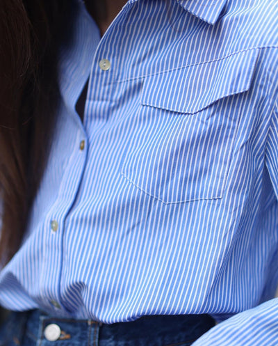 Refined Aesthetic Blue and White Striped Button Up Top