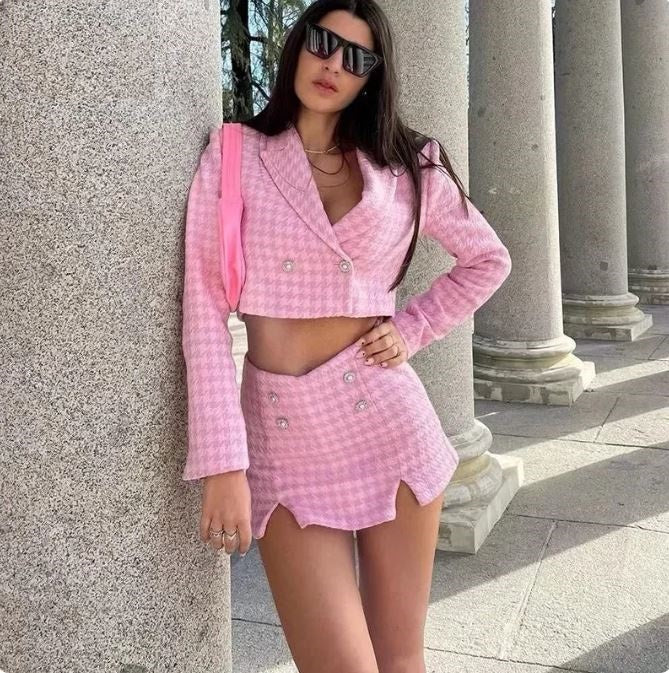 Suits me Pink Plaid Cropped Blazer and Skirt Set