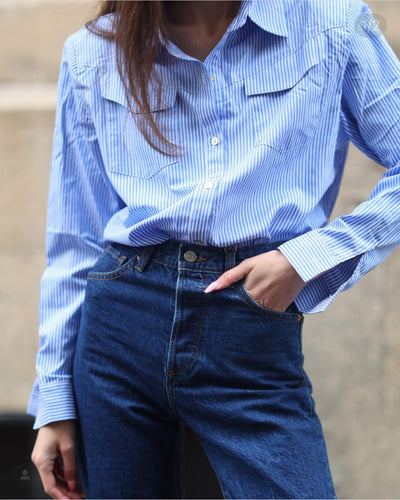 Refined Aesthetic Blue and White Striped Button Up Top