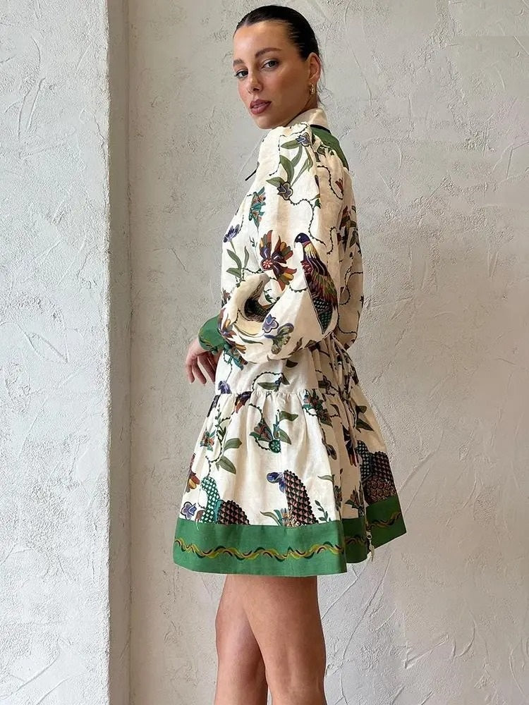 Zahara White and Green Floral Print Buttoned Mini Dress