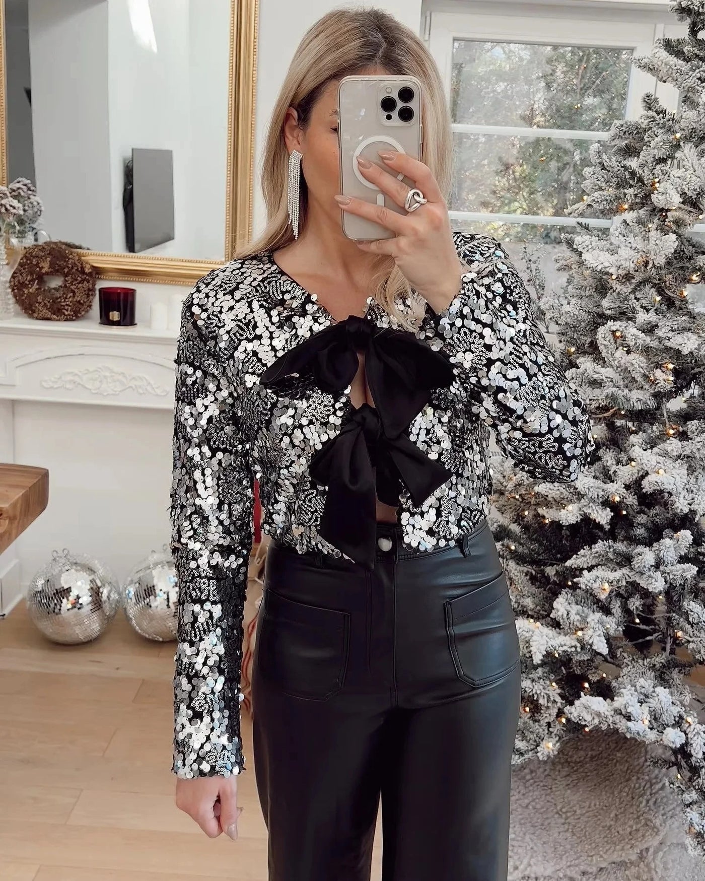 Fanciful Flair Bow Sequin Cropped Jacket Top