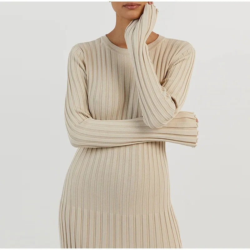 Comfy Aesthetic Ribbed Long Sleeve Maxi Sweater Dress