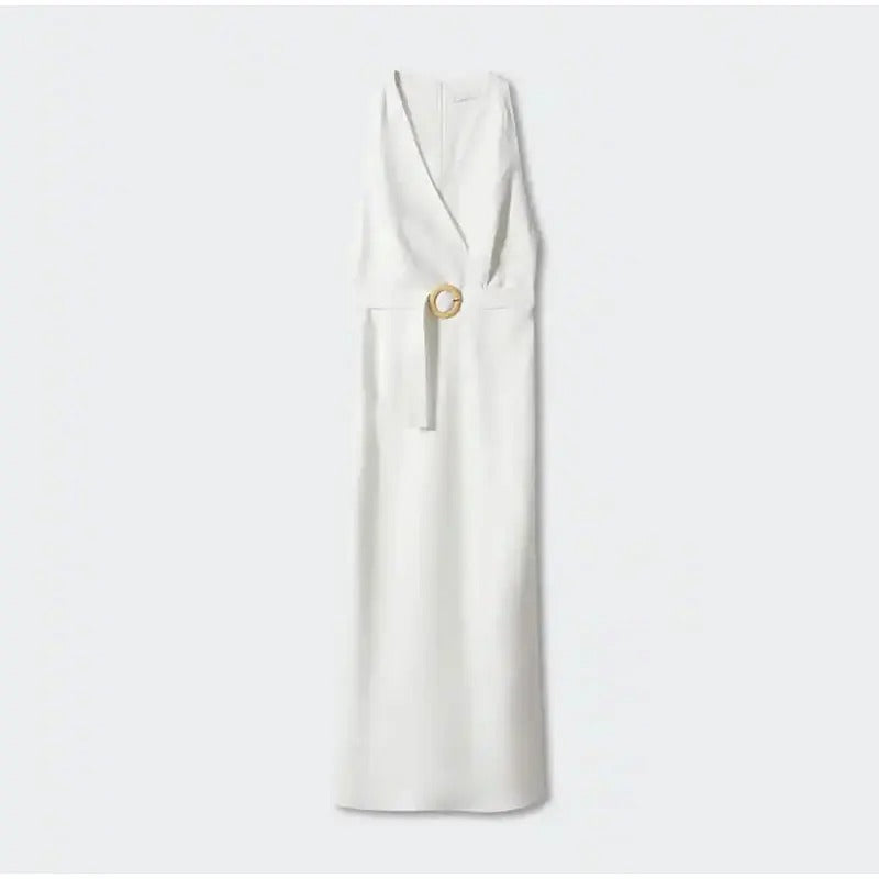 Miriam White Sleeveless Wrap Belted Midi Dress