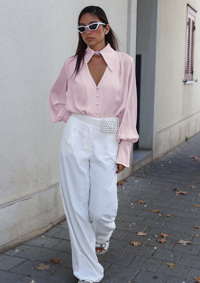 Chic Concept Pleated Buttoned Collar V-Neck Shirt