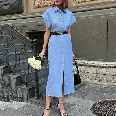 Celina Summer Button-Up Midi Dress With Pockets