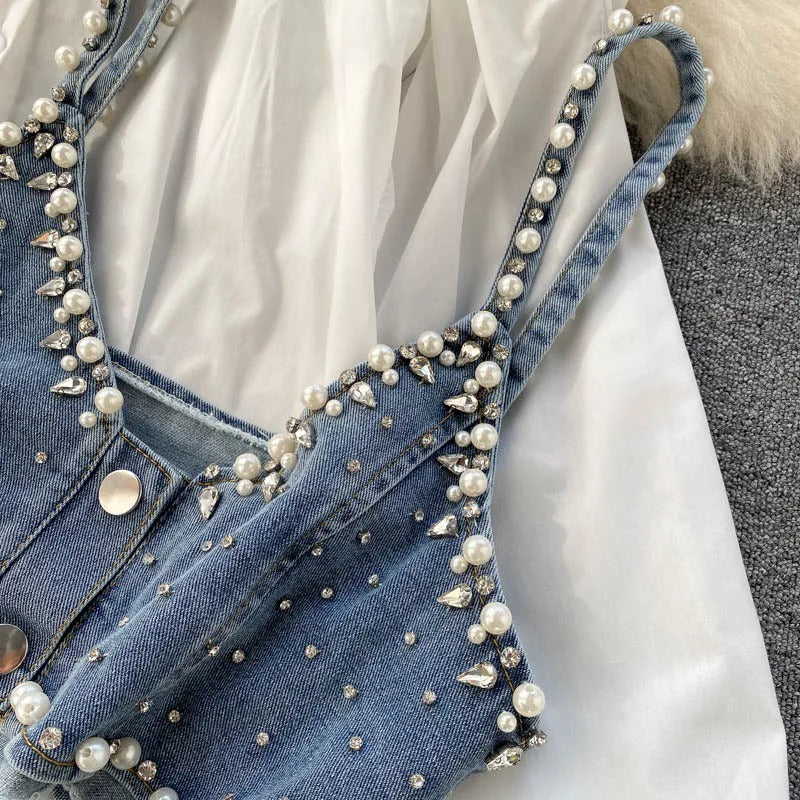 Pearl-fect Shirt and Denim Cropped Vest Set