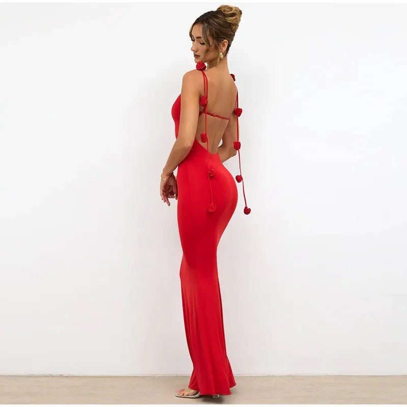 Stay Out Later Backless 3D Flower Bodycon Maxi Dress
