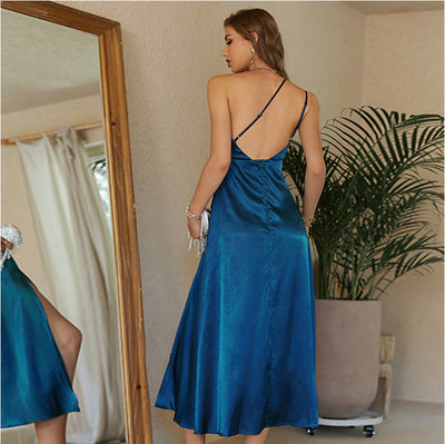 Desirable Dream Navy Blue Satin One-Shoulde Midi Slit Dress