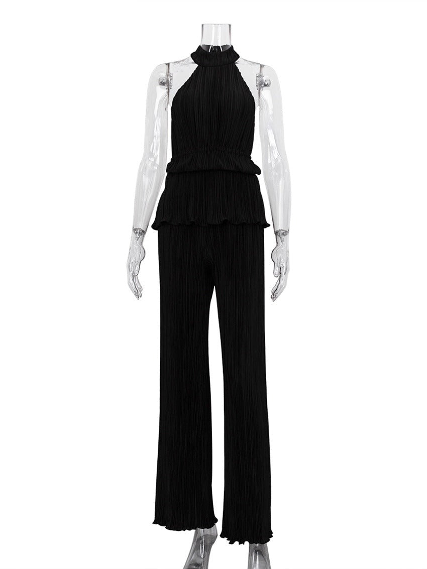 Pleat Code Halter Neck Pleated Top and Pants Set