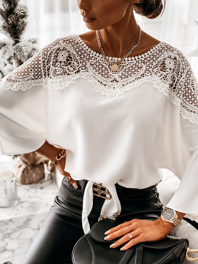 COCO Vintage Charm Lace Top Long Sleeves Tie Front Blouse