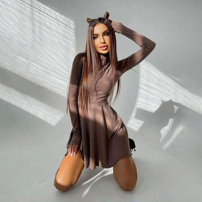Coco Alaina Brown Long Sleeves A-Line Knit Dress