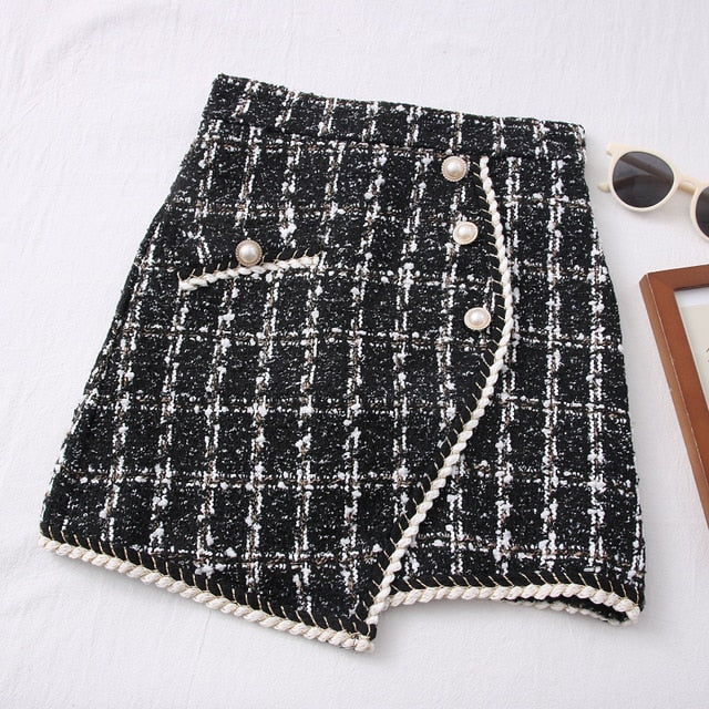 Coco Scottish Plaid Tweed Asymmetrical Mini Skirt bottoms Black / S
