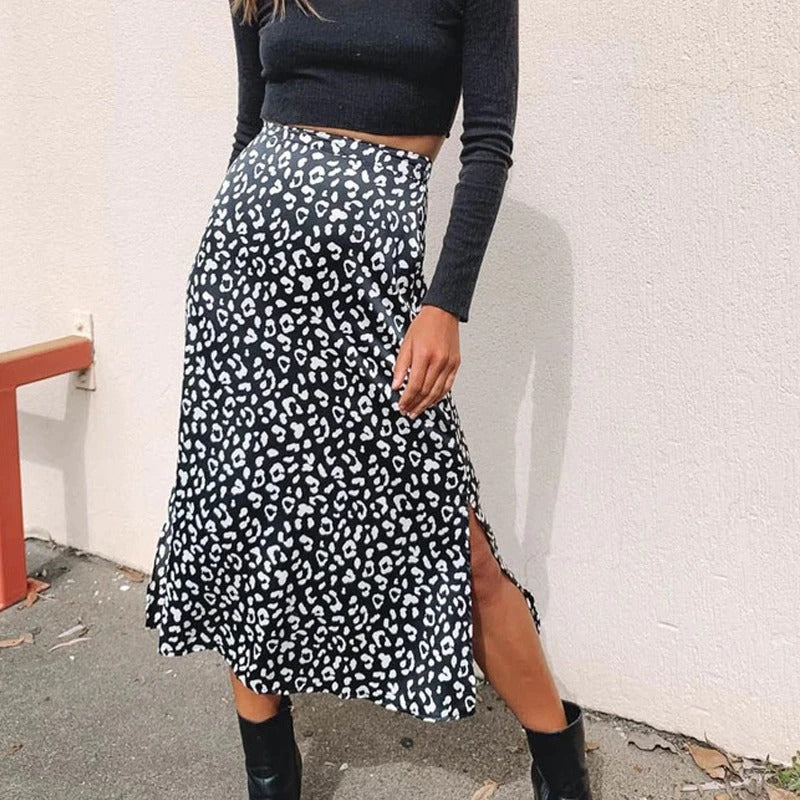 Coco Set a Trend Leopard Print Midi Skirt bottoms Black / S