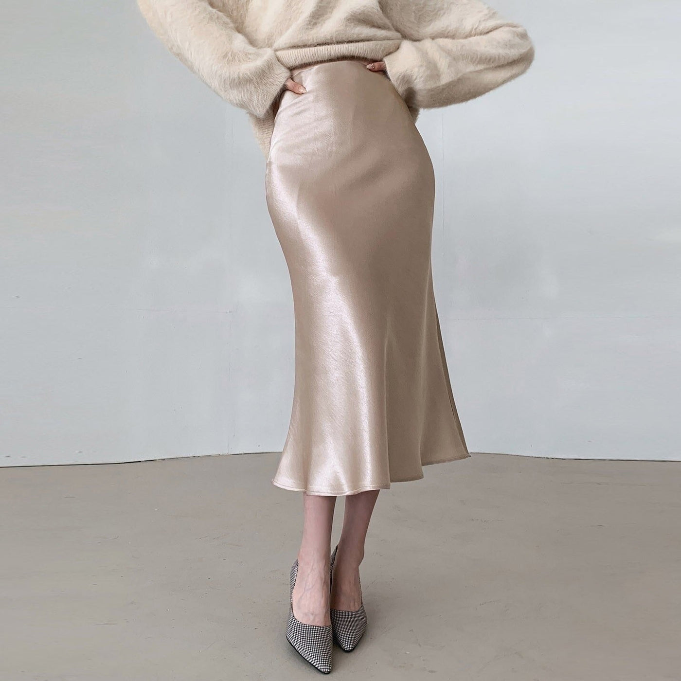 Coco Stunning Midi Satin Skirt bottoms Champagne / S