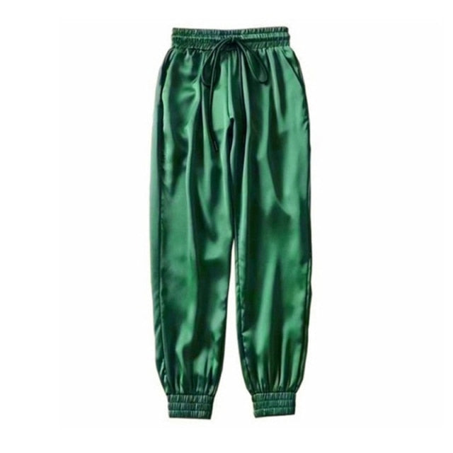 Coco Slip Into Style Satin High Waist Joggers Bottoms Green / L