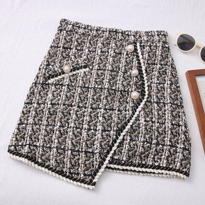 Coco Scottish Plaid Tweed Asymmetrical Mini Skirt bottoms Grey / S