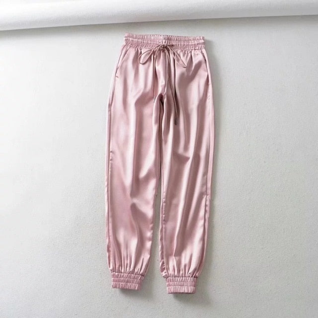 Coco Slip Into Style Satin High Waist Joggers Bottoms Pink / L