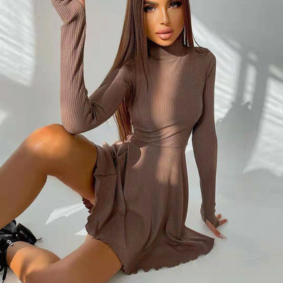 Coco Alaina Brown Long Sleeves A-Line Knit Dress Brown / S