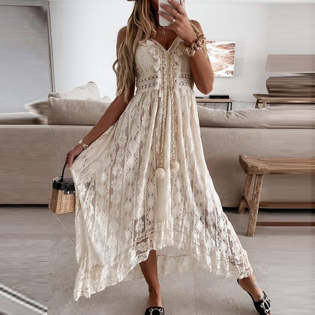 Coco Take me to Bali Airy High Low Tassels and Lace Dress Coco dress Beige / M