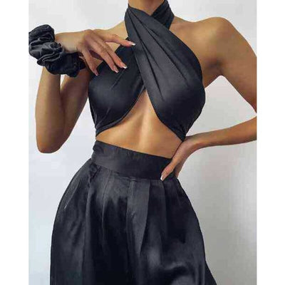 Coco Hot Girl Summer Halter wrap top & pant set Coco dress Black / S
