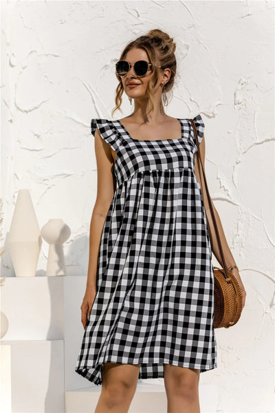 Coco Pleasing Plaid Butterfly Sleeves Gingham Mini Dress Coco dress Black / S