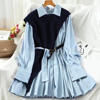 Coco 2 Piece Flowy Shirt Dress with Asymmetrical Vest Coco dress Blue / One-Size