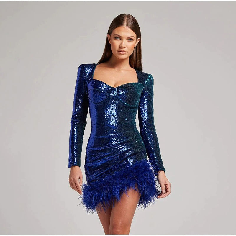 Coco Medora Sequins Bustier Feathered Hem Mini Dress Coco dress Blue / S