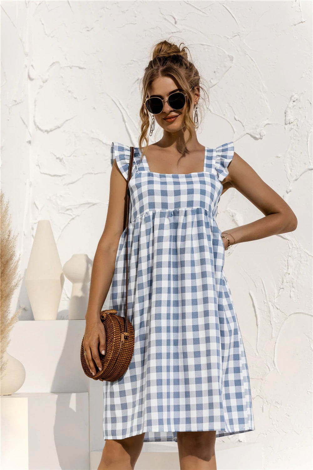 Coco Pleasing Plaid Butterfly Sleeves Gingham Mini Dress Coco dress Blue / S