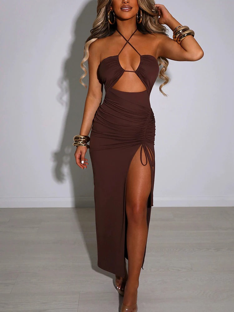 Coco Cross Your Heart Cutout Ruched Side Slit Maxi Coco dress Brown / M