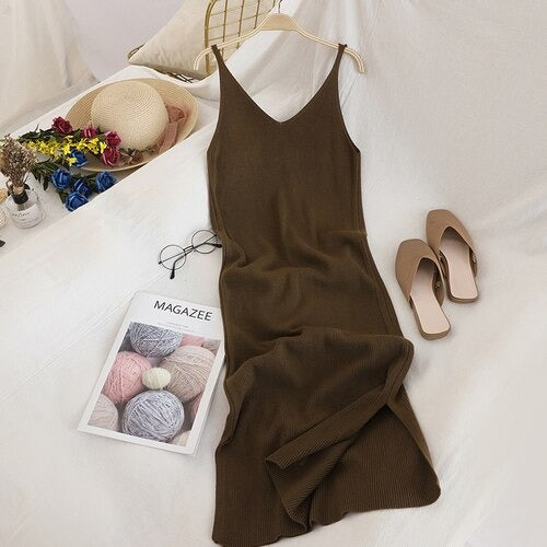 Coco Claire Ribbed Knit Sleeveless Side Slits Midi Dress Coco dress Brown / One-Size