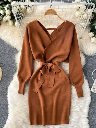 Coco Fall Favorites Wrap Sweater Mini Dress Coco dress Dark Brown / One-Size