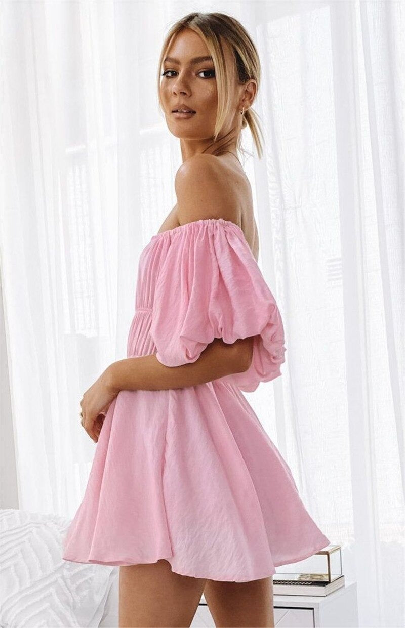 Fit and Flare Off Shoulder Puff Sleeves Mini Dress
