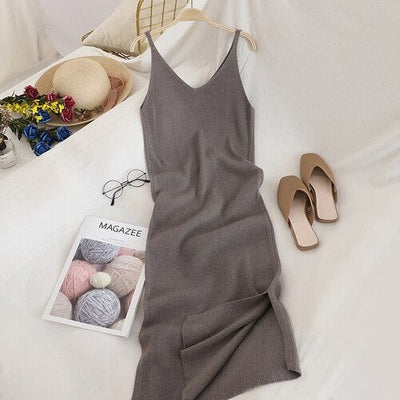 Coco Claire Ribbed Knit Sleeveless Side Slits Midi Dress Coco dress Gray / One-Size