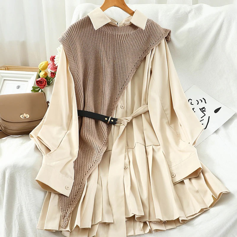 Coco 2 Piece Flowy Shirt Dress with Asymmetrical Vest Coco dress Khaki / One-Size