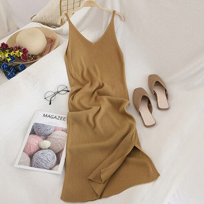 Coco Claire Ribbed Knit Sleeveless Side Slits Midi Dress Coco dress Khaki / One-Size