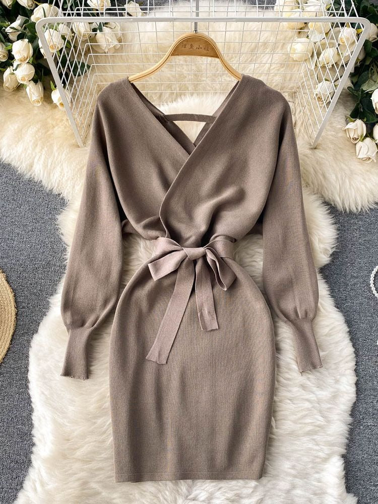 Coco Fall Favorites Wrap Sweater Mini Dress Coco dress Khaki / One-Size