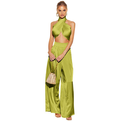 Coco Hot Girl Summer Halter wrap top & pant set Coco dress Light Green / S
