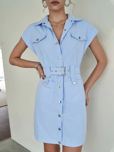 Coco Looking Up Light Blue Belted Mini Shirt Dress Coco dress