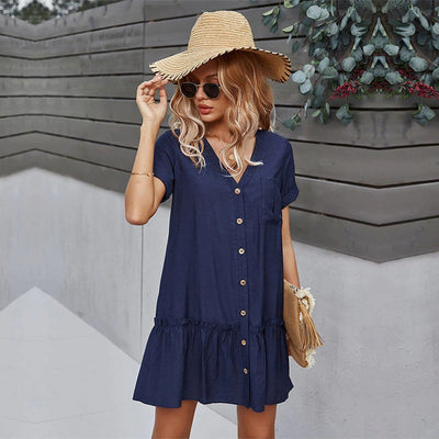 Coco Enjoy The Day Ruffle Buttoned Mini Dress Coco dress Navy blue / S