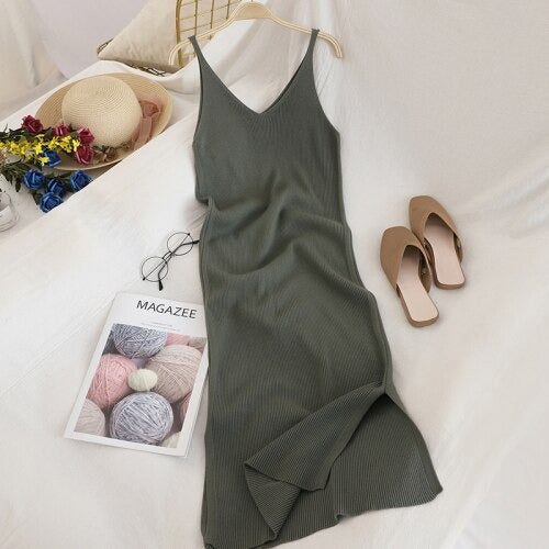 Coco Claire Ribbed Knit Sleeveless Side Slits Midi Dress Coco dress Olive / One-Size