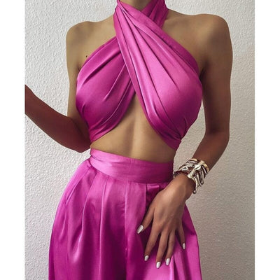 Coco Hot Girl Summer Halter wrap top & pant set Coco dress Purple / S