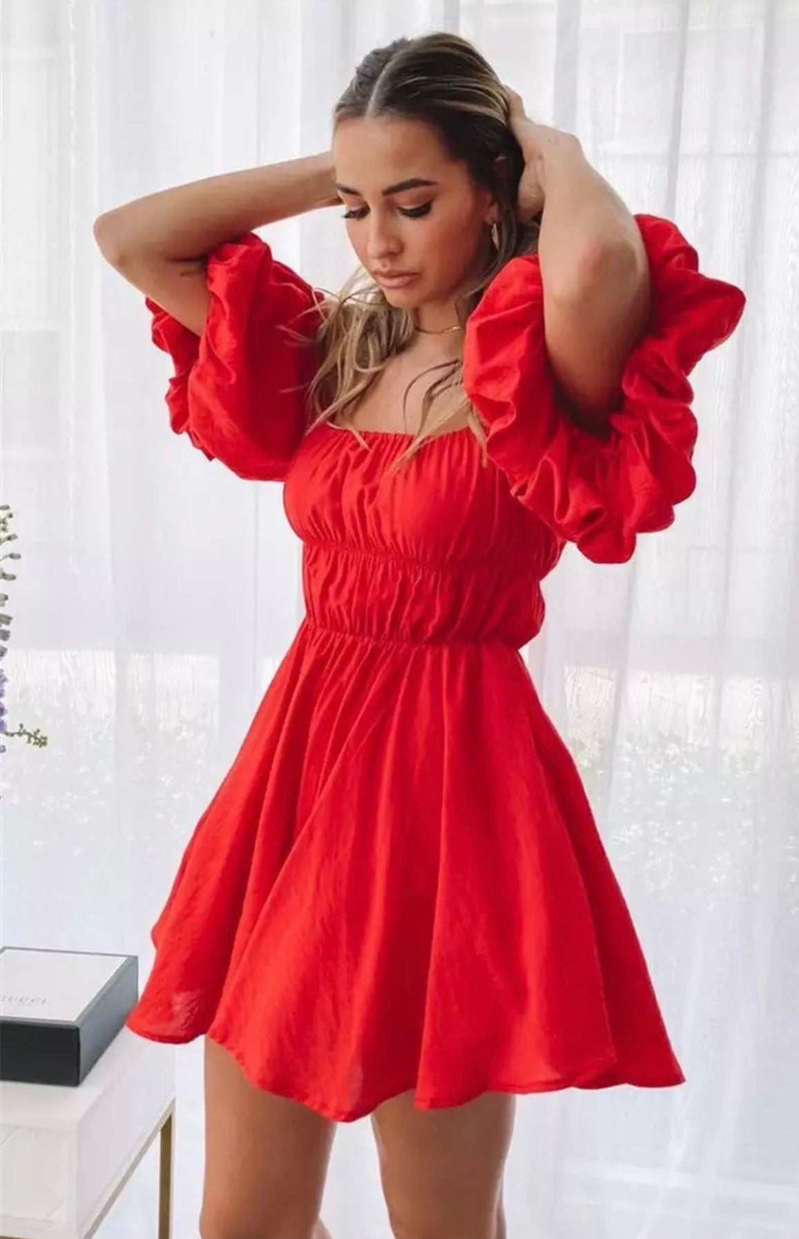 Coco Fit and Flare Off Shoulder Puff Sleeves Mini Dress Coco dress Red / S