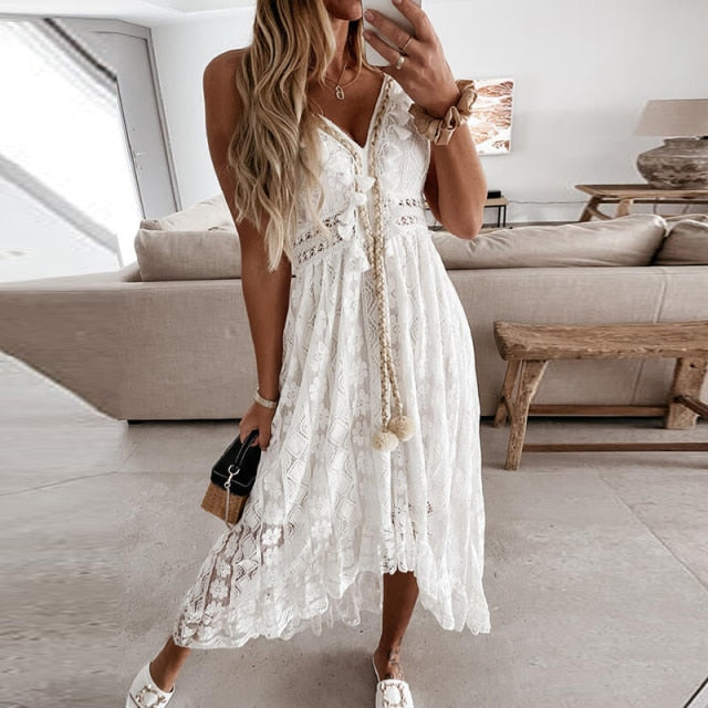 Coco Take me to Bali Airy High Low Tassels and Lace Dress Coco dress White / L